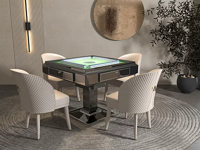 Modern Entertainment Table With Game Board Black Glass Base And White Woven Chairs In Living Room 3d model
