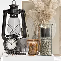 Decorative Ornament Set With Black Lantern Alarm Clock Elephant Figurine And Dried Pampas Grass