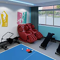 Modern Fitness Gym with Spin Bikes Treadmill Ping Pong Table Wall Arrows and Evolution Decor