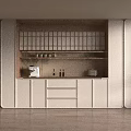 Modern Buffet Sideboard With White Cabinets Wooden Grid Shelves Coffee Machine And Glass Jars On Countertop