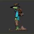 Anthropomorphic Frog Character Wearing Wizard Hat Blue Coat Brown Pants Waving Hand On Rocky Base