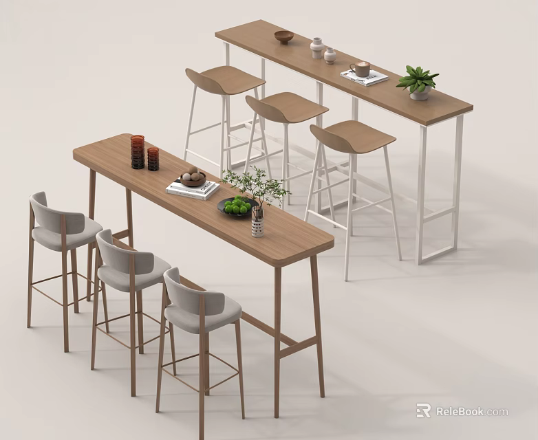 Modern Wooden Bar Counter Setup With Gray High Stools Decorative Plants And Cups 3d model 