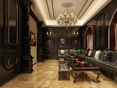 Luxurious Modern KTV Room Interior With Sofa Marble Coffee Table And Crystal Chandelier 3d model
