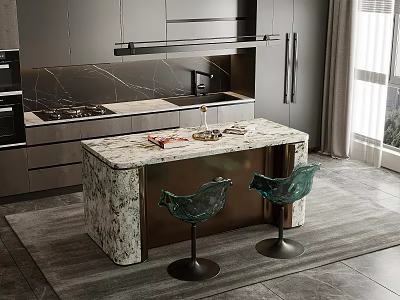 Elegant Modern Kitchen Interior With Stylish Island Counter And Green Bar Stools 3d model