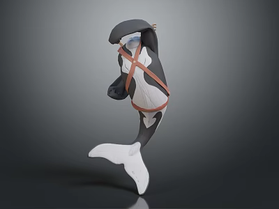 Orca Aquatic Animal Model in Jumping Pose With Black And White Body And Orange Cross Straps 3d model