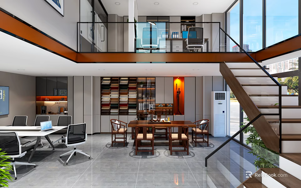 Modern Public Office Space Interior With Open Layout Staircase Bookshelves And Large Windows 3d model