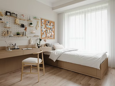 Cozy Minimalist Kids Room With Bed Desk Pegboard And Natural Light 3d model