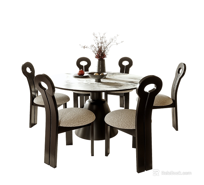 Wooden Round Dining Table With Six Chairs Curved Backrest Upholstered Seats And Vase Flowers 3d model 