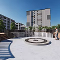 Urban Park with Central Circular Water Feature Lush Trees and Walkways Near High Rises