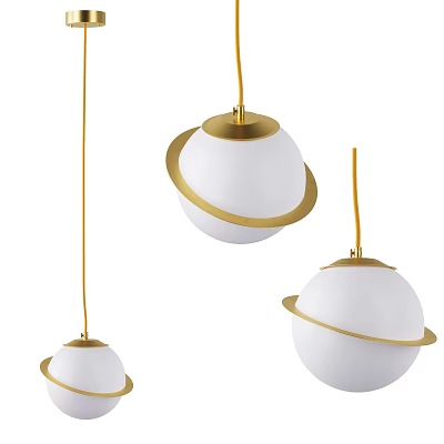 Stylish Spherical Pendant Lights With White Shades And Golden Ring Accents 3d model
