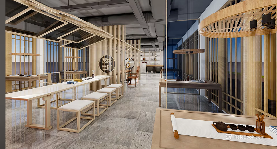 Elegant Modern Teahouse Interior With Wooden Structures Long Tables Benches And Circular Decorations 3d model 