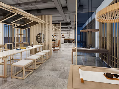 Elegant Modern Teahouse Interior With Wooden Structures Long Tables Benches And Circular Decorations 3d model