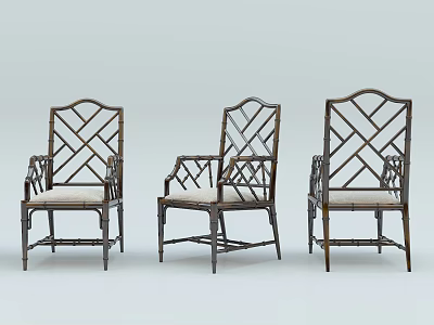 Three Bamboo Leisure Chairs With Crisscross Lattice Backrest Armrests And Light Colored Cushions 3d model