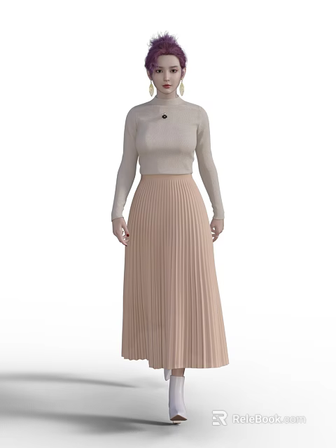 Woman Wearing Beige Turtleneck Sweater and Pleated Long Skirt Standing Pose 3d model 