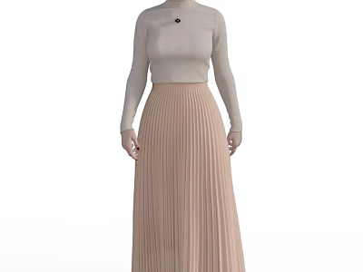 Woman Wearing Beige Turtleneck Sweater and Pleated Long Skirt Standing Pose 3d model