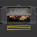 Blue Silver Metal Grill With Grilled Meat And Green Yellow Rope Chairs