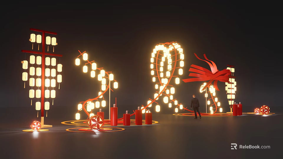 Festive Red Event Gateway With Decorative Lighting Lanterns And Bow Design 3d model