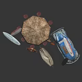 Wooden Hut Featuring Thatched Roof Surfboards Wooden Barrels Ship Wheel and Blue Car