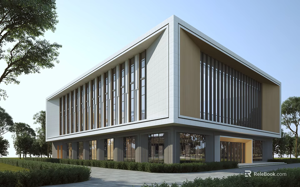 Modern Office Building Exterior With Glass Windows Metal Stripes White Brown Facade And Greenery 3d model 