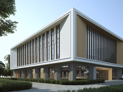 Modern Office Building Exterior With Glass Windows Metal Stripes White Brown Facade And Greenery 3d model