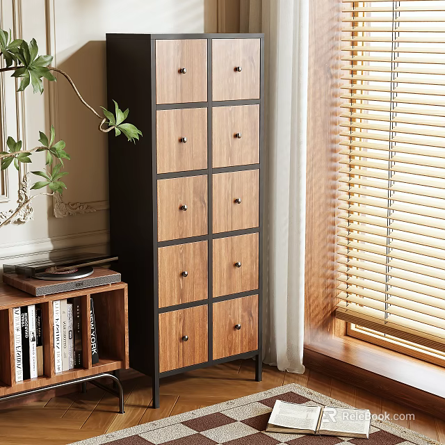 Wooden Drawer Storage Cabinet With Black Frame In Room Near Bookcase And Window Blinds 3d model 