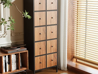 Wooden Drawer Storage Cabinet With Black Frame In Room Near Bookcase And Window Blinds 3d model