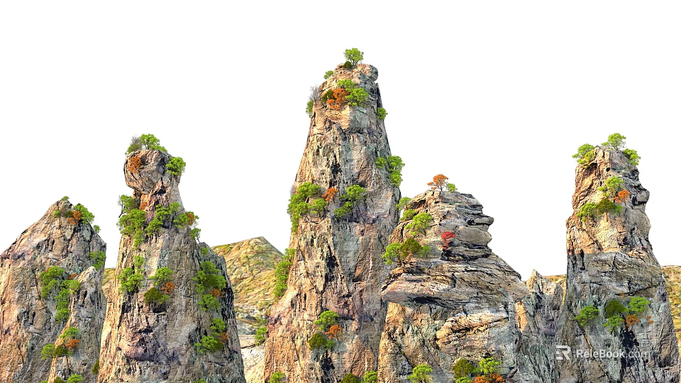 Scenic Steep Rocky Peaks Landscape With Lush Green Vegetation And Layered Rocks 3d model 