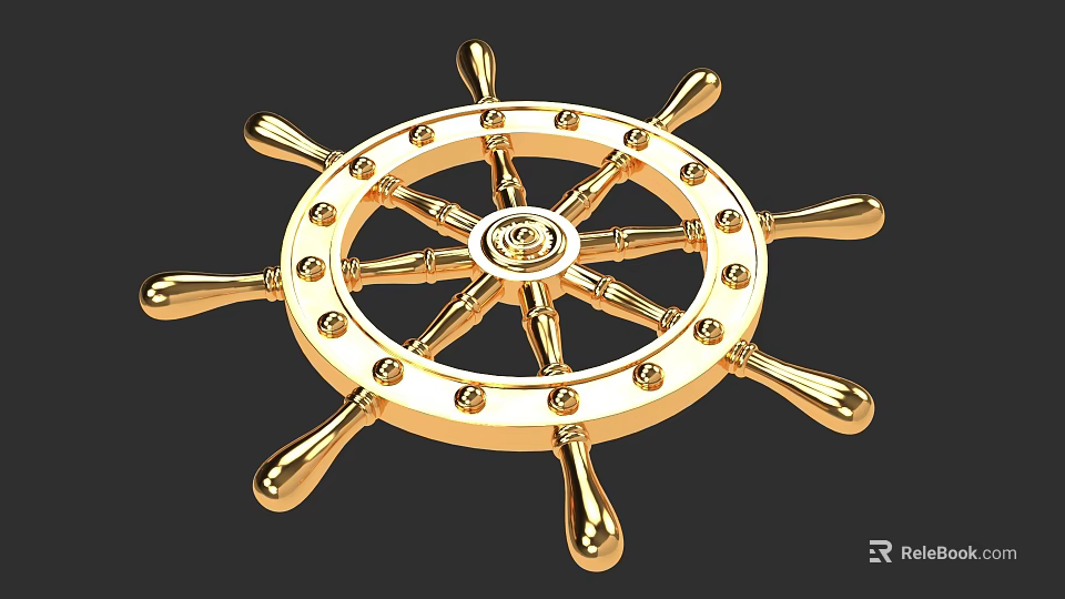 Golden Yacht Steering Wheel With Ornate Brass Design And Marine Details 3d model 