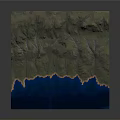 3D Topographic Terrain Model With Green Mountain Ranges And Blue Water Edge