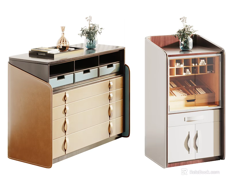 Modern Decorative Storage Cabinets With Drawers Glass Door And Decor Items 3d model 
