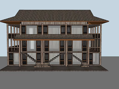 Traditional Homestay Building Two Story Design With Tile Roof Wooden Structure And Balcony Windows 3d model