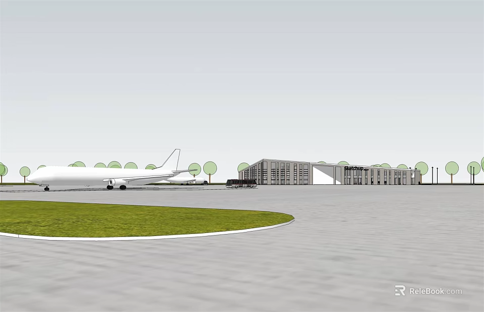 White Airplane Parked On Airport Tarmac With Terminal Building Grass And Trees 3d model 