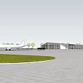 White Airplane Parked On Airport Tarmac With Terminal Building Grass And Trees