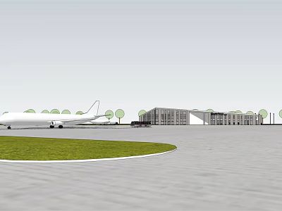White Airplane Parked On Airport Tarmac With Terminal Building Grass And Trees 3d model