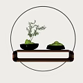 Moss Decor In Circular Illuminated Background With Black Bowls And Small Plant On Black Shelf
