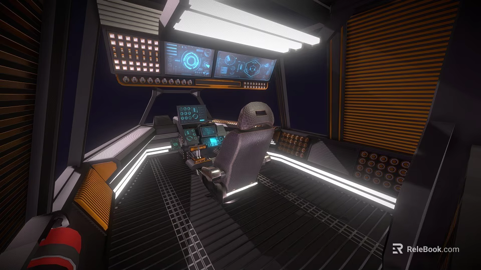 Futuristic Control Room Interior With Digital Screens Control Panels And Ergonomic Seat 3d model 