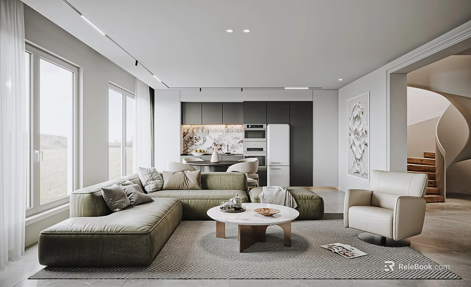 Modern Dining and Living Room Interior with Sofa Coffee Table and Kitchen Cabinets 3d model