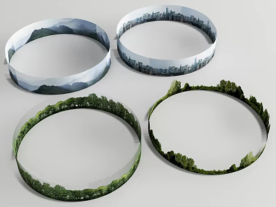 Artistic Decorative Rings Featuring Mountain City Skyline And Forest Landscapes 3d model