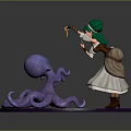 Green Hat Orange Top White Dress Game Movie Character and Purple Octopus Figure on Purple Round Base