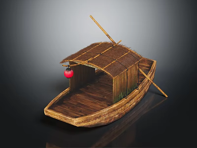 Traditional Wooden Boat with Thatched Roof Red Lantern and Paddle 3d model