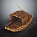 Traditional Wooden Boat with Thatched Roof Red Lantern and Paddle