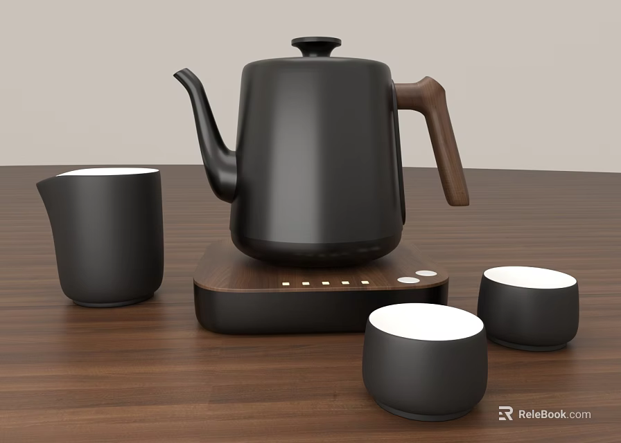 Sleek Black Tea Set with Wooden Handle Teapot and White Inner Teacups on Tabletop 3d model 