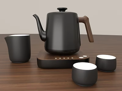 Sleek Black Tea Set with Wooden Handle Teapot and White Inner Teacups on Tabletop 3d model