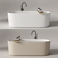 White and Beige Modern Bathtub With Black Faucet Tray and Bath Products