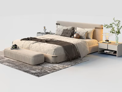 Modern Double Bed Setup With Nightstand Lamp Plant Vase Bench And Cozy Rug 3d model