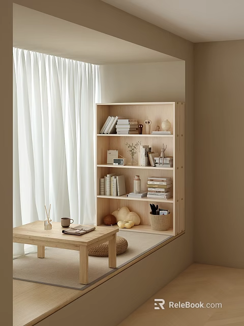 Light Wooden Bookcase With Books Decorations Vase And Cozy Table Setup By White Curtains 3d model 