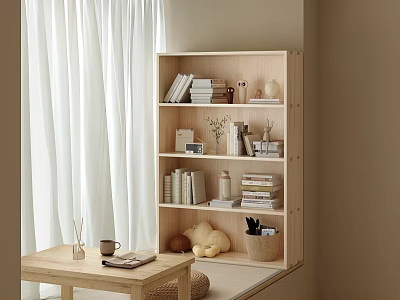 Light Wooden Bookcase With Books Decorations Vase And Cozy Table Setup By White Curtains 3d model
