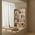 Light Wooden Bookcase With Books Decorations Vase And Cozy Table Setup By White Curtains