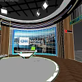 Professional News Studio With CNN Money Logo Presenters Large Screen And City Backdrop