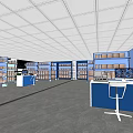 Spacious Modern Public Office Space With Blue Desks White Chairs And Large Windows